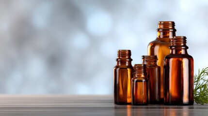 A collection of amber glass bottles elegantly showcases essential oils, embodying natural wellness, purity, and the beauty of simplicity in organic living.