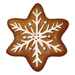 Gingerbread cookies in the shape of snowflakes in a cozy watercolor style. Perfect for Christmas cards, packaging, winter patterns, or festive baking designs.