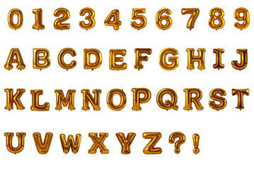 Gold Balloons Alphabet & Numbers Set . Isolated Characters. Transparent background. 3D.