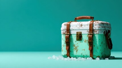 An aged cooler box with rustic charm rests on a vibrant aqua surface, evoking memories of summer picnics and outdoor adventures, perfect for relaxation.