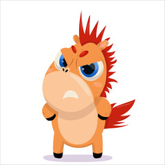 Vector illustration of an angry horse. Horse, character, 2026, Horoscope, cute, drinking, pony, childish, funny, Chinese, anger, rage, emotion, discontent