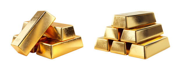 Gleaming gold bullion bars stacked and piled, symbolizing wealth and success, presented as a PNG set with transparent background