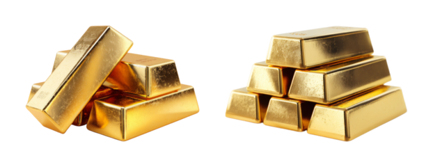 Gleaming gold bullion bars stacked and piled, symbolizing wealth and success, presented as a PNG set with transparent background