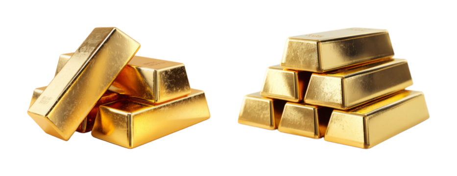 Gleaming gold bullion bars stacked and piled, symbolizing wealth and success, presented as a PNG set with transparent background