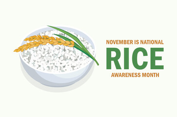 November is National Rice Awareness Month poster vector illustration. Bowl of rice and rice plant vector. Template for background, banner, card. Important day