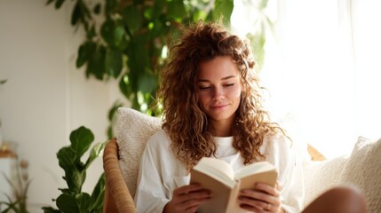 A young woman with curly hair sits comfortably in her cozy space, reading a book with warm sunlight streaming in, epitomizing tranquility and the joy of reading.