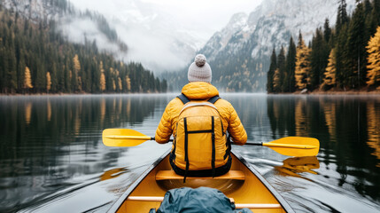 Traveler paddles canoe on misty lake surrounded by pine trees and mountains