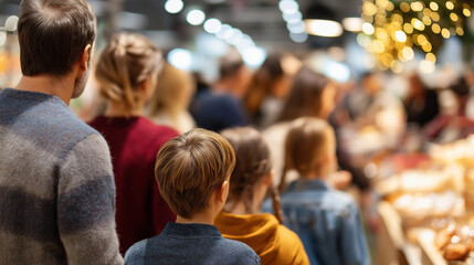 Fototapeta premium Parents shopping for toys in crowded holiday toy department faces out of frame background intentionally defocused faceless background defocused toy shopping holiday gifts
