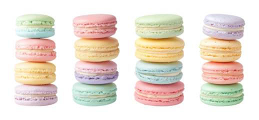 Pastel macaron tower stack sweet dessert confection gourmet treat isolated food photography PNG set with transparent background