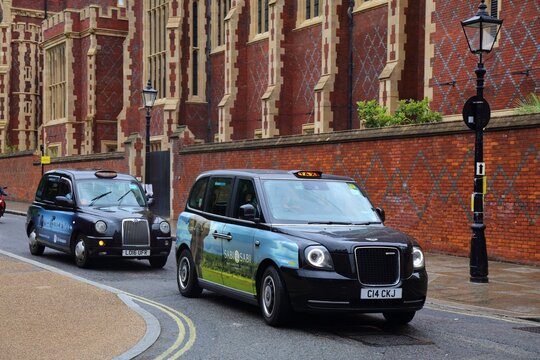 LONDON, UK - JULY 9, 2024: LEVC TX hackney carriage black taxi cab in London, UK.