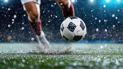 Soccer player striking ball in rain, creating splashes of water on field