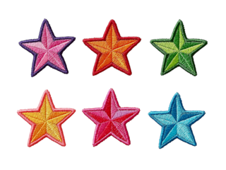 Six Colorful Star Shaped Embroidered Patches isolated on a transparent background