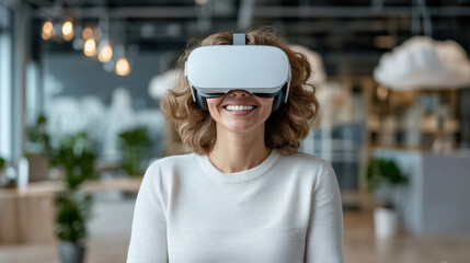 Virtual reality headset user smiling in modern workspace, enjoying immersive experience