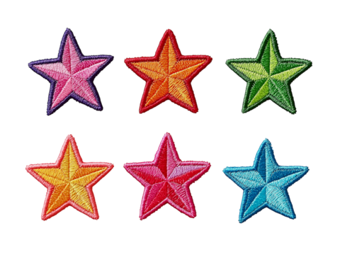 Six Colorful Star Shaped Embroidered Patches isolated on a transparent background