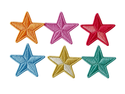 Six Colorful Star Shaped Embroidered Patches isolated on a transparent background 1