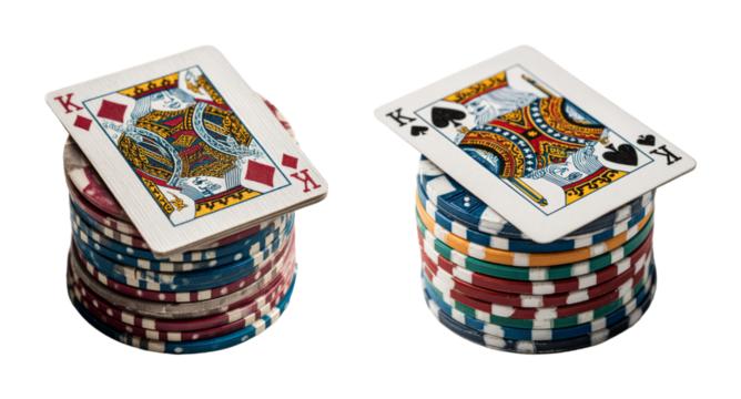 Two King playing cards atop colorful casino chip stacks, symbolizing luck and winning in a PNG set with transparent background