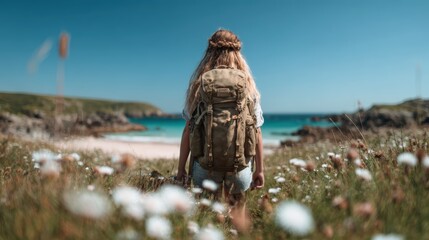 A person with a backpack stands amidst blooming wildflowers, gazing at the serene seaside landscape, embodying adventure and exploration in nature.