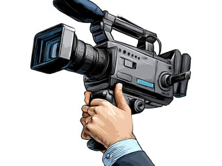 Hand holding video camera isolated on a transparent background