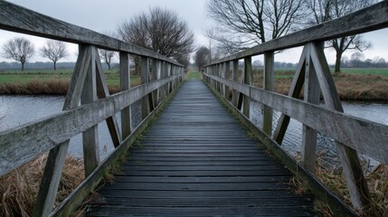 Fototapeta premium Wooden bridge over calm water with trees in the background on a cloudy day