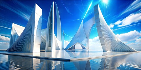 Futuristic white architectural bridges over calm water under bright blue sky with dynamic clouds