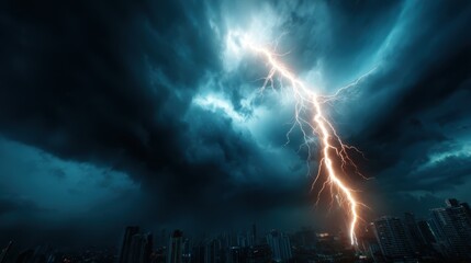 A dramatic scene of lightning illuminating the skyline of a city under dark, turbulent clouds, evoking feelings of awe and power found in nature's forces during a storm.