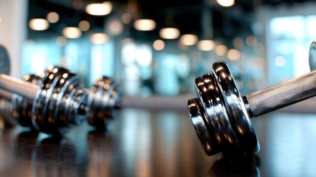 A closeup view of dumbbells in a modern gym, reflecting a commitment to fitness, strength training, and health in an atmosphere designed for motivation and personal growth.