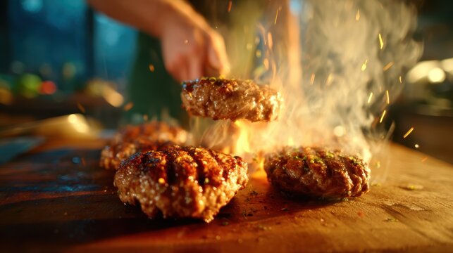 An appetizing image of grilled burgers being expertly flipped, surrounded by flames, showcasing succulent textures that evoke a mouthwatering craving and evoke summer cookouts.