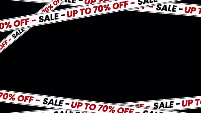 Animated Sale up to 70% off banner with moving red ribbon – seamless loop on transparent background for promo, advertising, and discount videos.