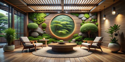 A serene indoor garden with wooden furniture and a large circular window offering a view of lush greenery