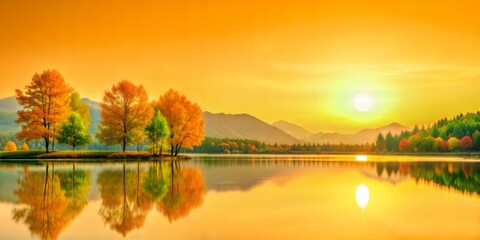 Stunning autumn sunset over calm lake with colorful trees and mountains reflecting in water
