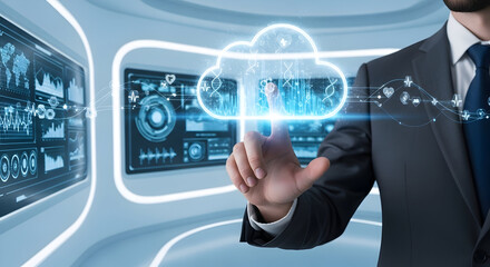 Professional uses futuristic cloud technology for healthcare solutions in innovative modern office setting, perfect for digital transformation presentations