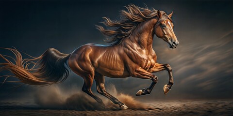 Majestic brown horse galloping through a mystical landscape with flowing mane and tail, exuding power and grace against a dramatic backdrop