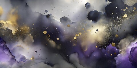 Elegant textured watercolor abstract painting with golden sparkles over dark clouds and purple mysterious night sky