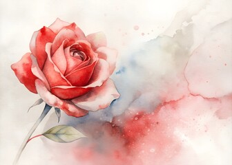 Delicate watercolor painting of a blooming red rose with soft pastel background and artistic splashes