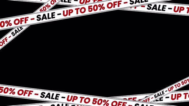 Animated Sale up to 50% off banner with moving red ribbon – seamless loop on transparent background for promo, advertising, and discount videos.	
