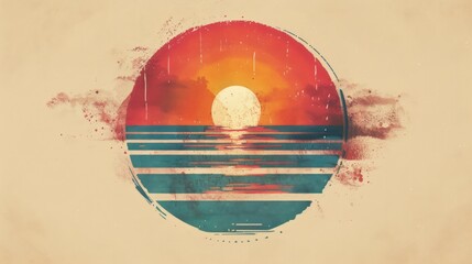 Abstract features a half-circle sun rising above horizontal stripes, representing the sea, set against a soft background