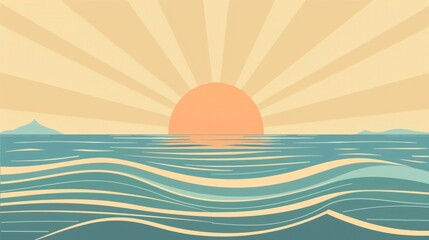 Abstract features a half-circle sun rising above horizontal stripes, representing the sea, set against a soft background