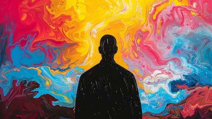 The background features a vivid, psychedelic color gradient with bright yellows, pinks, and blues, creating a striking contrast with the dark silhouette of the figure.