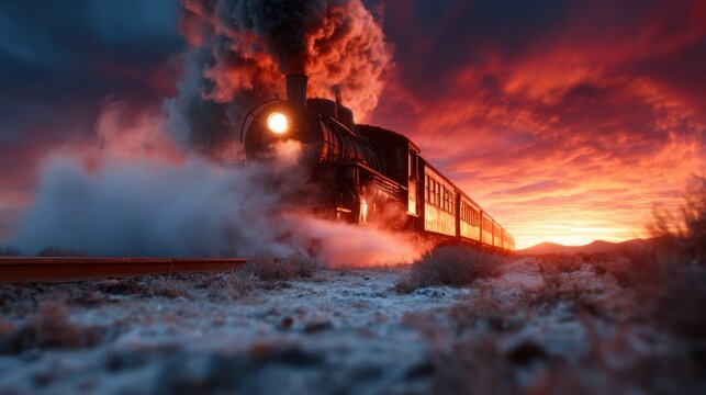 An iconic steam train billowing smoke against a vibrant sunset, illustrating the romance of travel, the power of machinery, and the nostalgia of a bygone era.