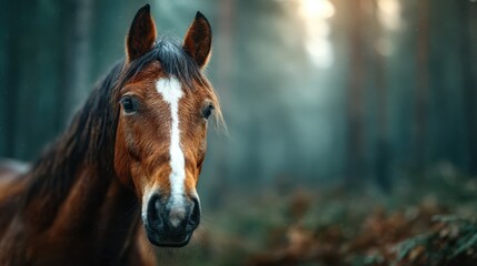 Fototapeta premium A majestic horse stands poised in a serene forest, capturing the essence of nature's beauty and strength, surrounded by enchanting greenery and soft, dappled light.