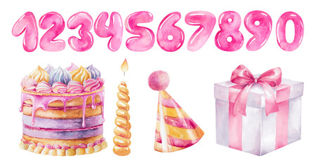 Gift box, hat, cake, burning candle and set of numbers Hand drawn watercolor illustration. Set of elements isolated on white background for holiday, children's birthday or anniversary party design