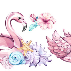 Seamless pattern background wallpaper featuring tropical elements like pink flamingos, seashells, and vibrant flowers arranged beautifully for summer celebrations and vacation vibes