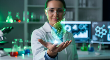 Innovative scientist researches plant biology with digital leaf hologram in modern lab, envisioning a greener future through biotechnology advancements