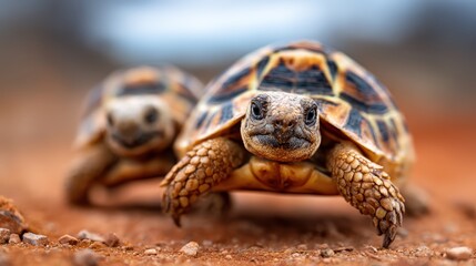 A captivating close-up of two tortoises moving forward, symbolizing endurance and slow-paced life while highlighting their intricate shell patterns in a natural environment.