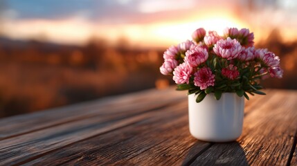 A stunning arrangement of pink flowers in a white vase, capturing the warm glow of sunset in the background, creating a romantic and serene atmosphere perfect for any setting.
