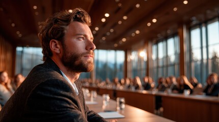 A man sits pensively in a brightly lit conference room, conveying focus and determination amid a gathering of professionals during a crucial meeting.