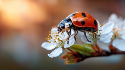A close-up of a ladybug perched delicately on a white flower, showcasing nature's vibrant colors and the beauty of tiny creatures in blossoming landscapes.