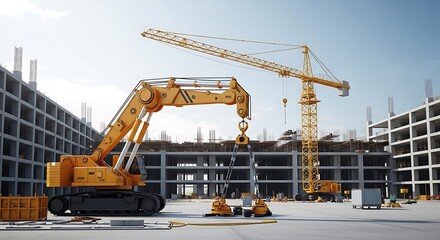 Construction site with heavy machinery building structures under clear sky