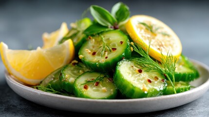 A refreshing cucumber salad featuring sliced cucumbers, fresh herbs, and lemon wedges, perfect for a healthy side dish or summer appetizer with vibrant colors.