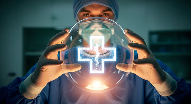 Surgeon holding glowing medical symbol in hands shows dedication to healthcare innovation and cutting edge technology for health solutions - Powered by Adobe